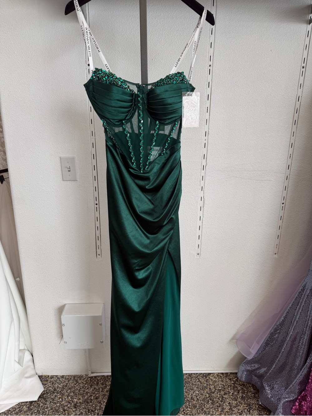Portia and Scarlett Emerald Green Satin Beaded Bustier Prom Gown